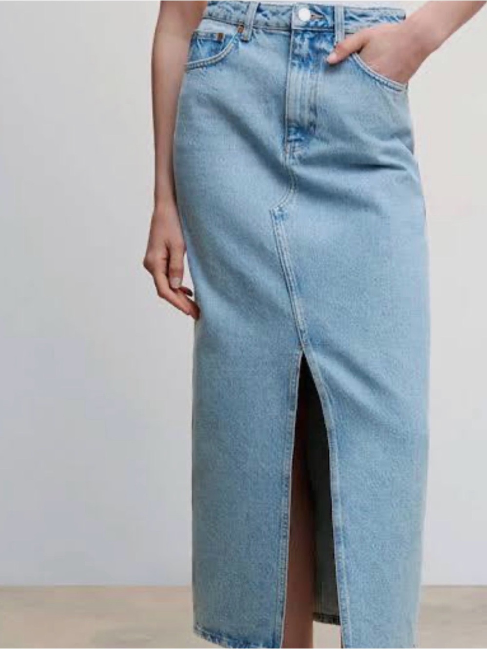 Industry Light Blue Denim Midi Skirt with Front Slit in size 8